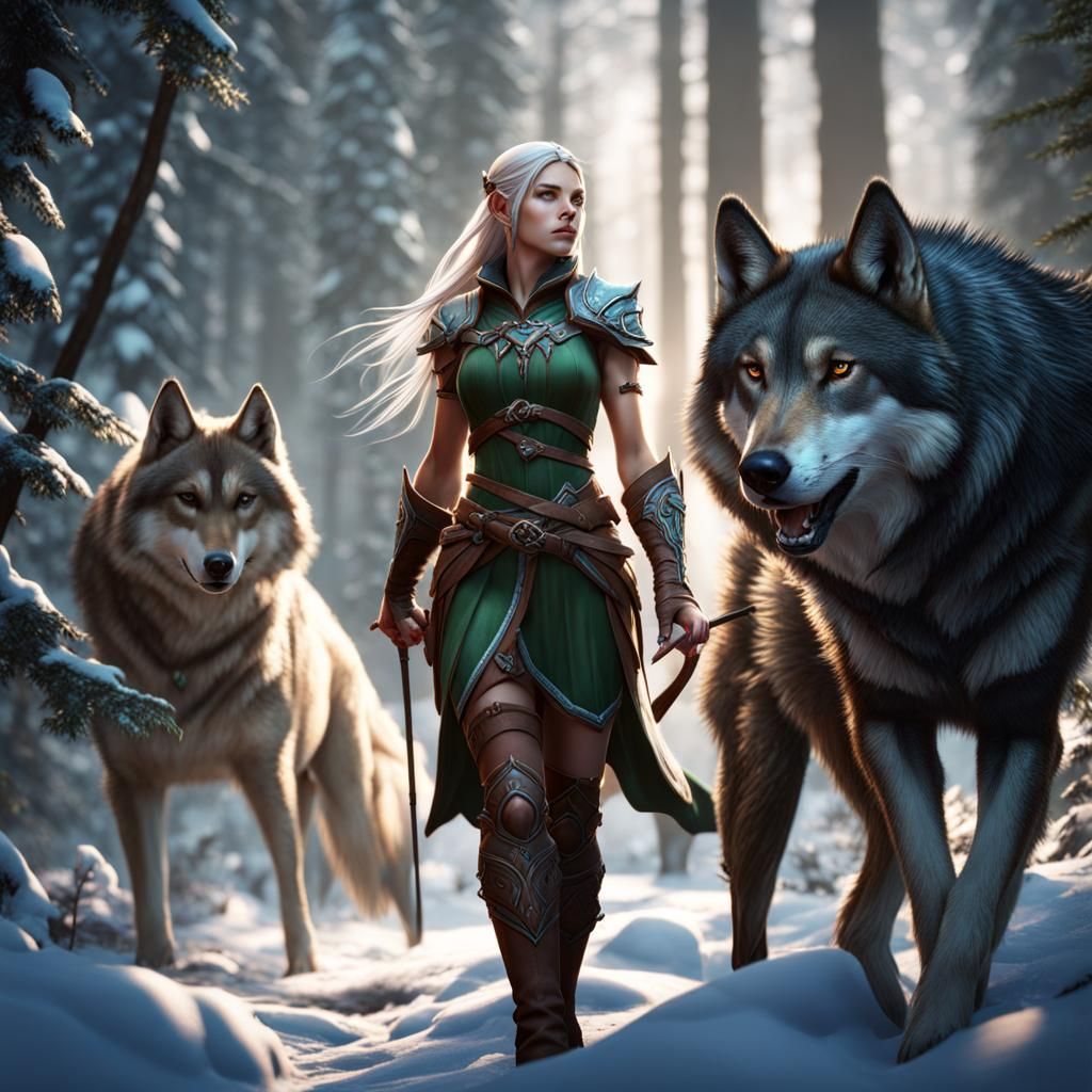Elf Archer with Wolves in Fantasy Forest
