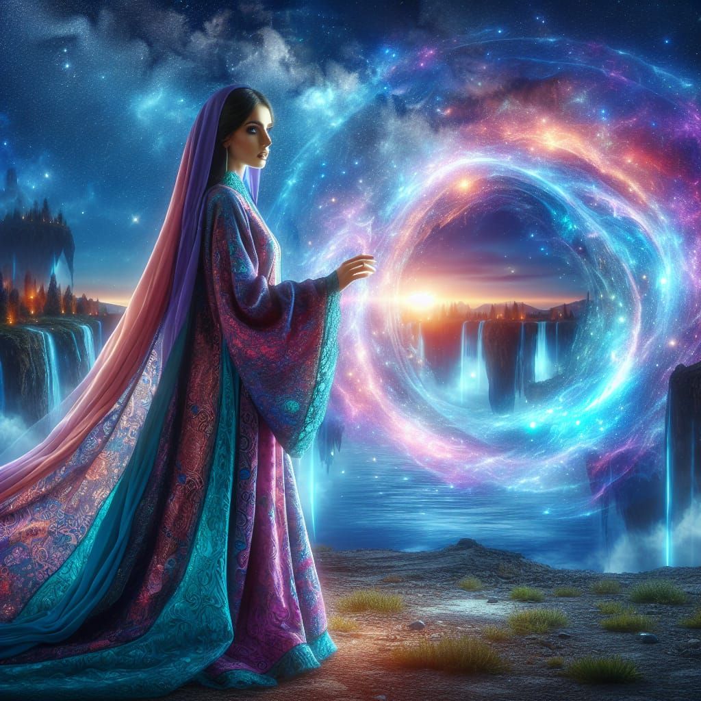 Middle-Eastern Woman Gazing at Ethereal Portal