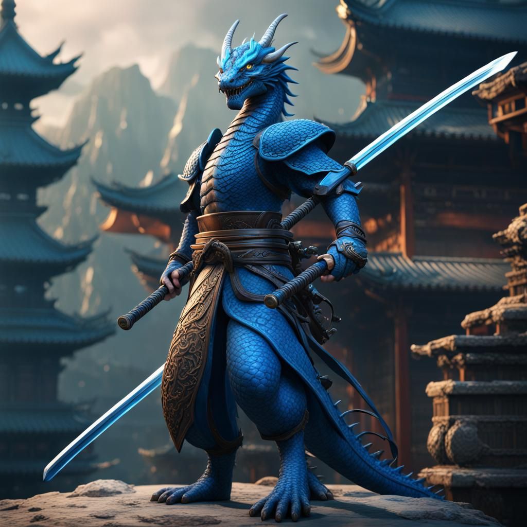 Blue Dragon with Katana: Detailed Fantasy Art