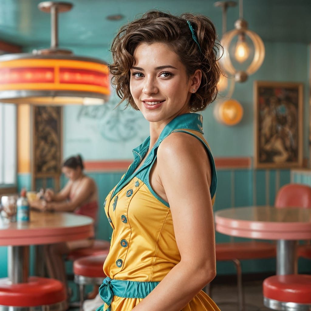 Retro-Futuristic Waitress in Bold, Vibrant Diner Uniform