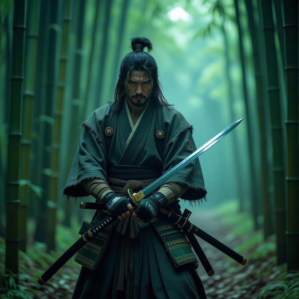 Weary Samurai Stands in Bamboo Forest with Sword