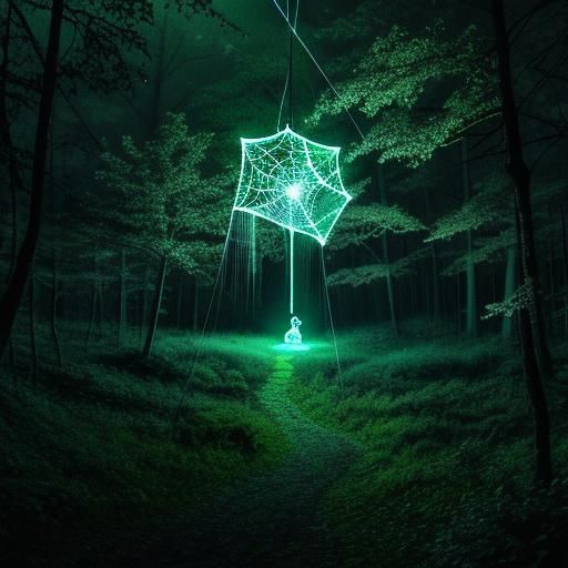 Fluorescent Spider Weaving Web in Eerie Forest
