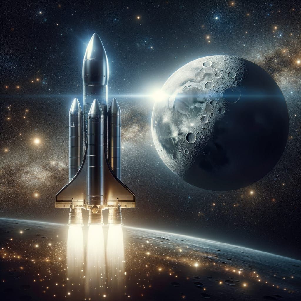 Rocket Ship Gleams En Route to the Moon