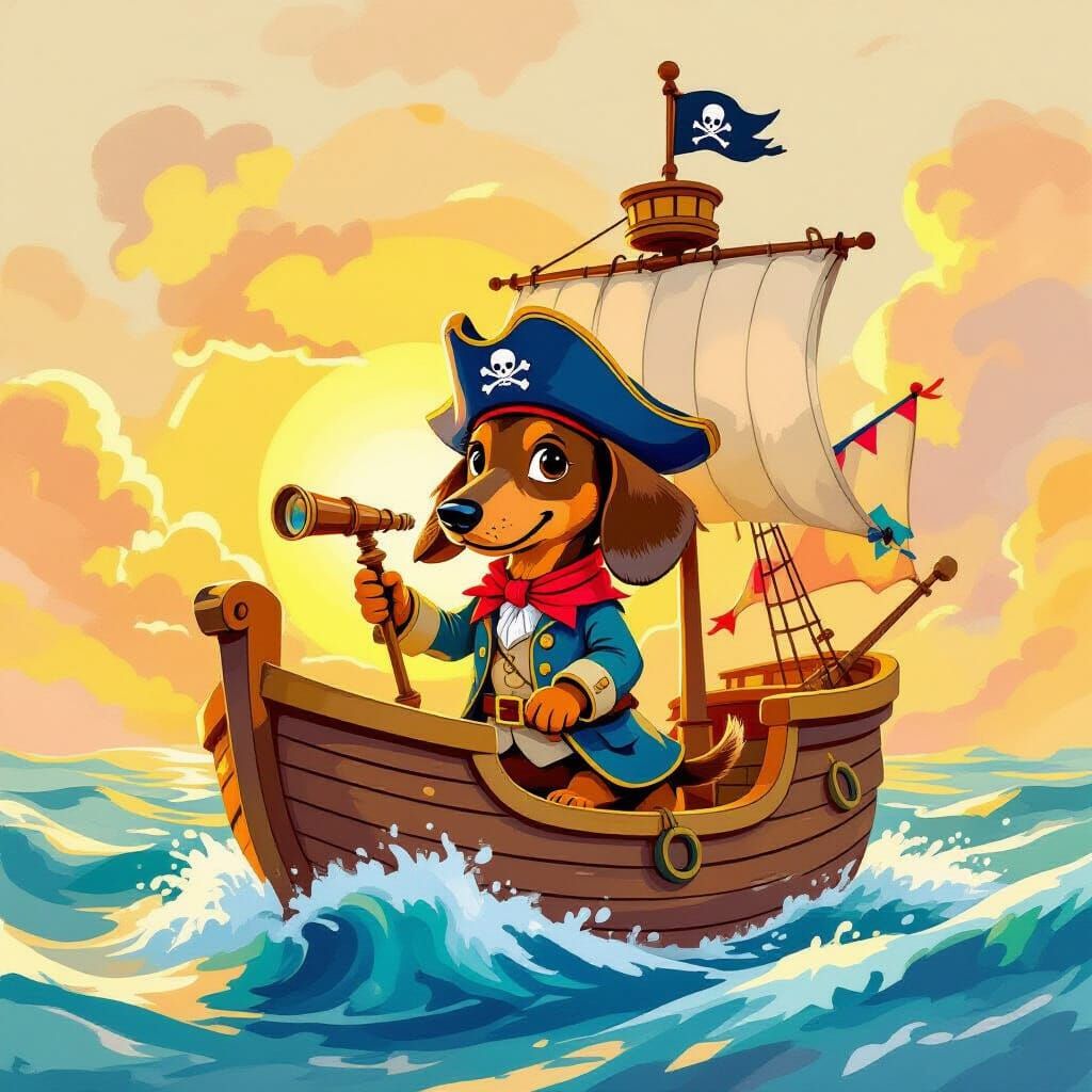Dachshund Captain on Watercolor Seas, Storybook Illustration