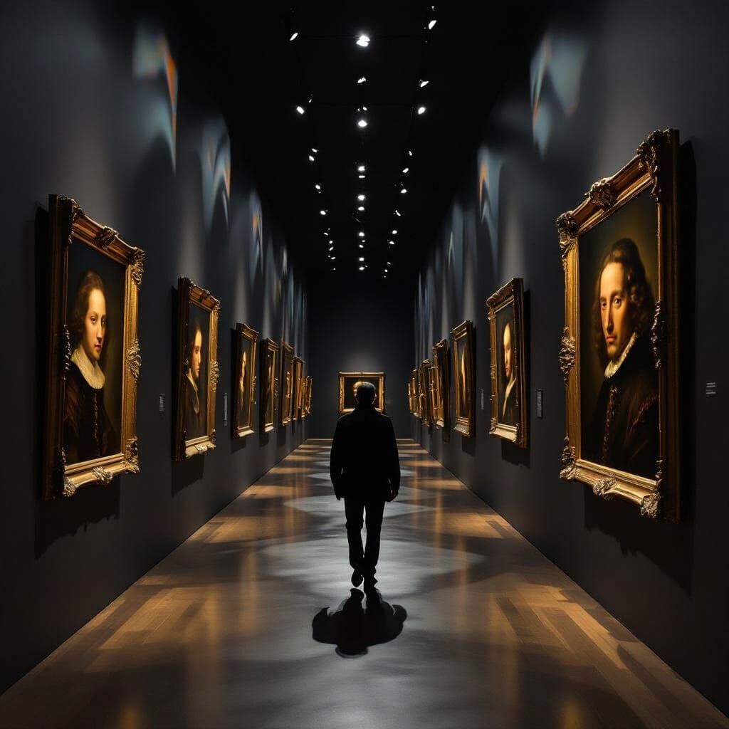 Art Gallery Corridor with Rembrandt Lighting and Portraits