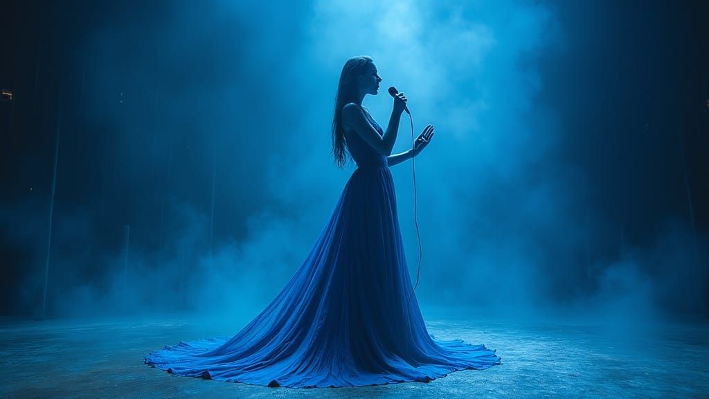 Diva in Iridescent Blue Robe Sings Dramatically