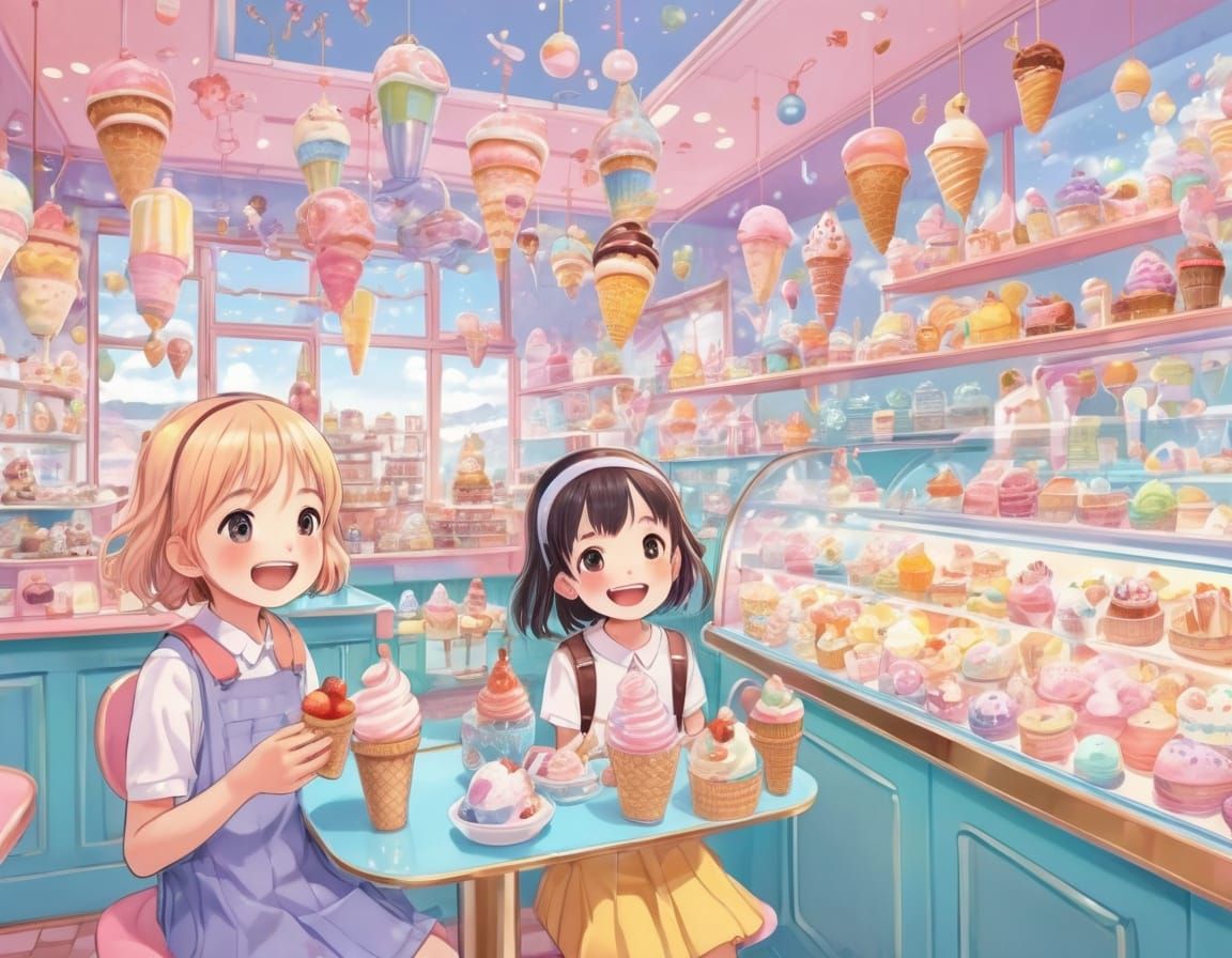 Anime Children in Whimsical Ice Cream Shop