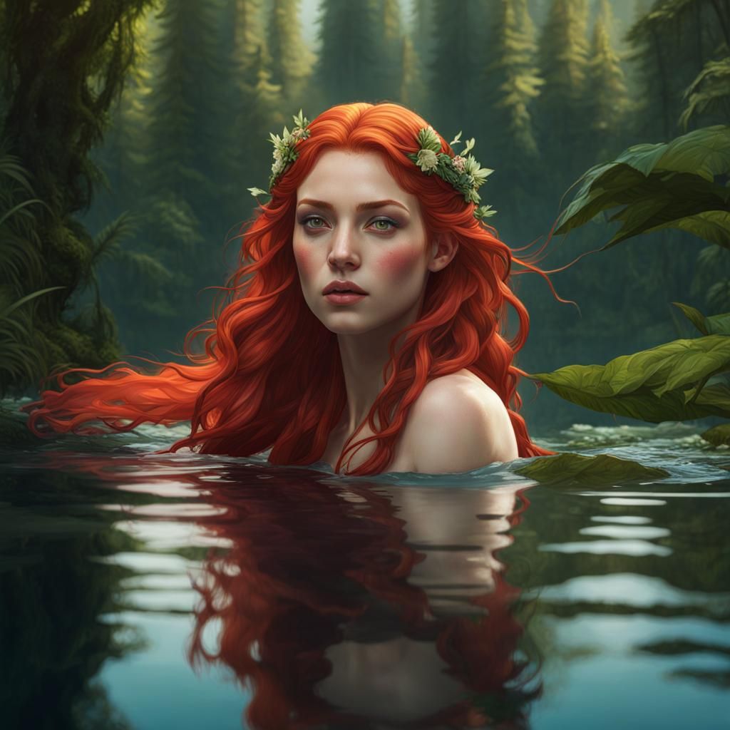 Red-Haired Elf in Forest Lake, Detailed Portrait