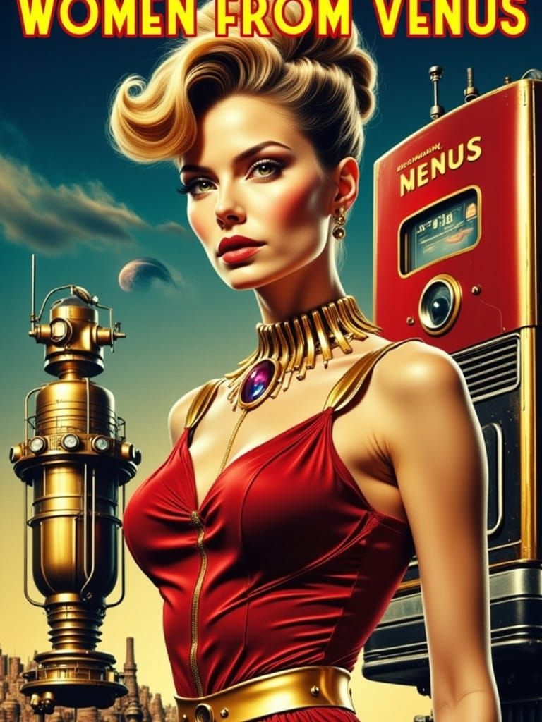 Venusian Woman Gazing at Purple Planet in Sci-Fi Style