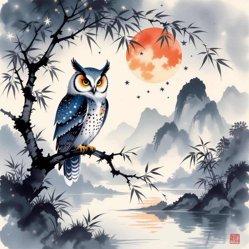 Celestial Ink Owl in Tranquil Chinese Landscape