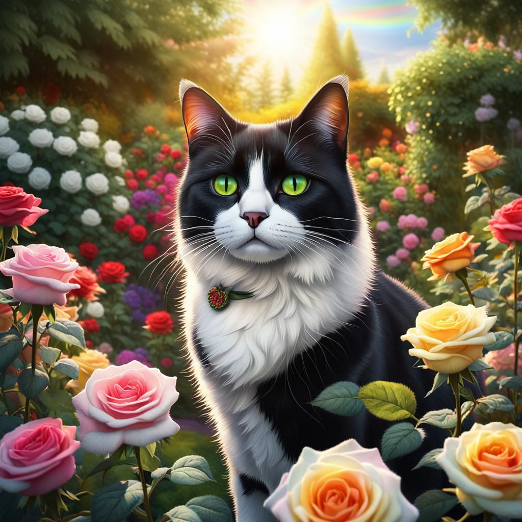 Rainbow Roses Surround Black and White Cat