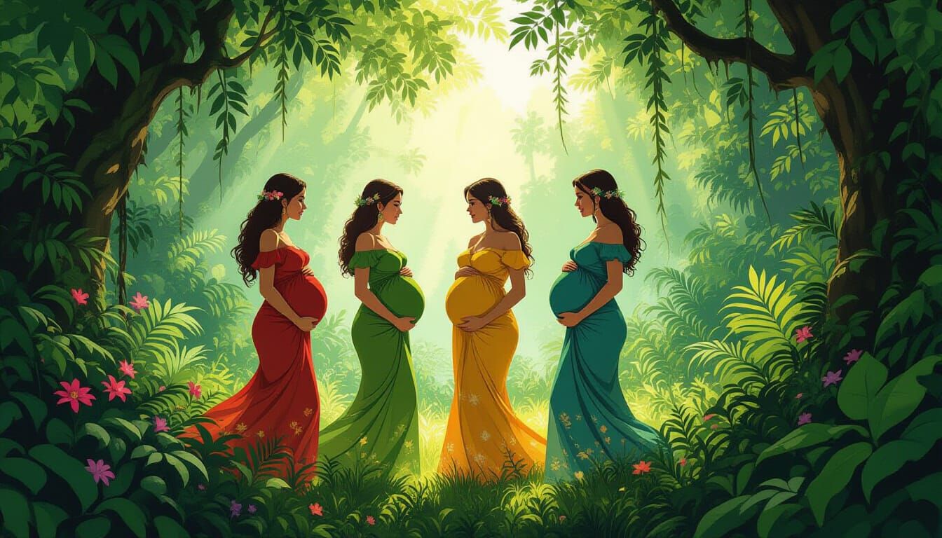 Five Pregnant Women in Lush Jungle, Botanical Fantasy Art