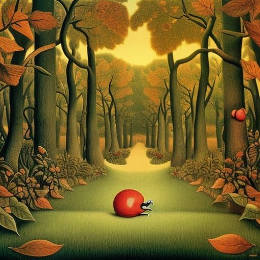 Snails on Autumn Path: Vivid Naive Art Illustration