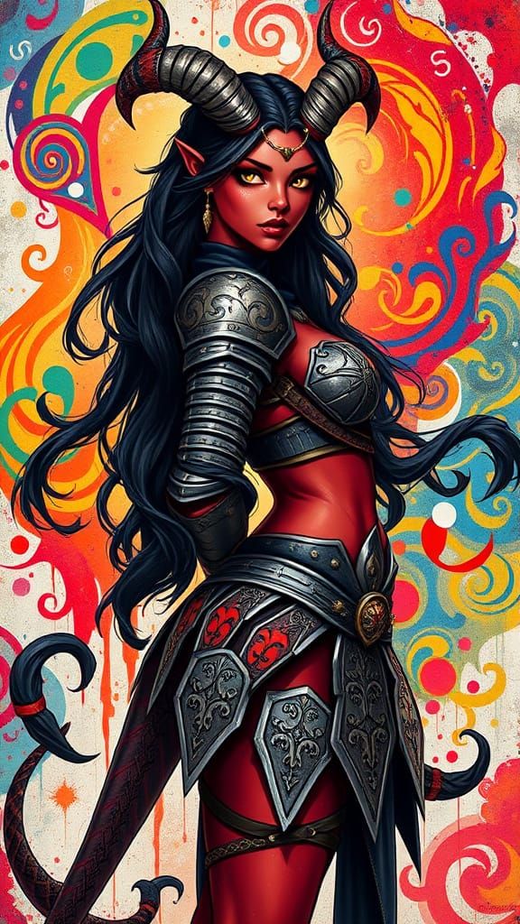 Ethereal Demon Girl with Intricate Armor and Musical Notes