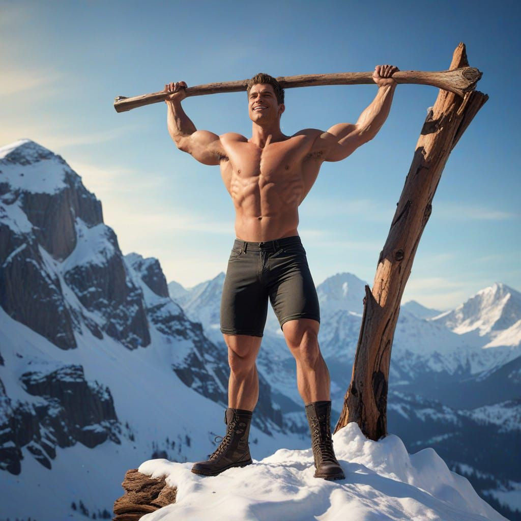 Giant Bodybuilder Man Flexes on Snowy Mountain Peak