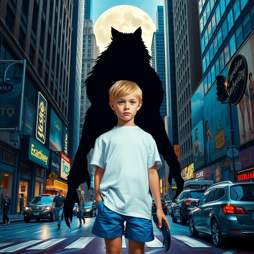 Surreal City Street Scene with Werewolf Shadow, Inspired by ...