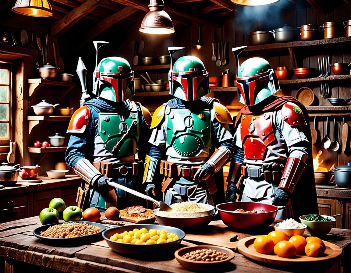 Boba Fett and Bo-Katan Cooking: Hyperrealistic Photo