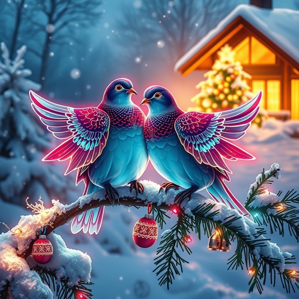 Elegant Turtle Doves on Snowy Evergreen Branch in Neon Fract...