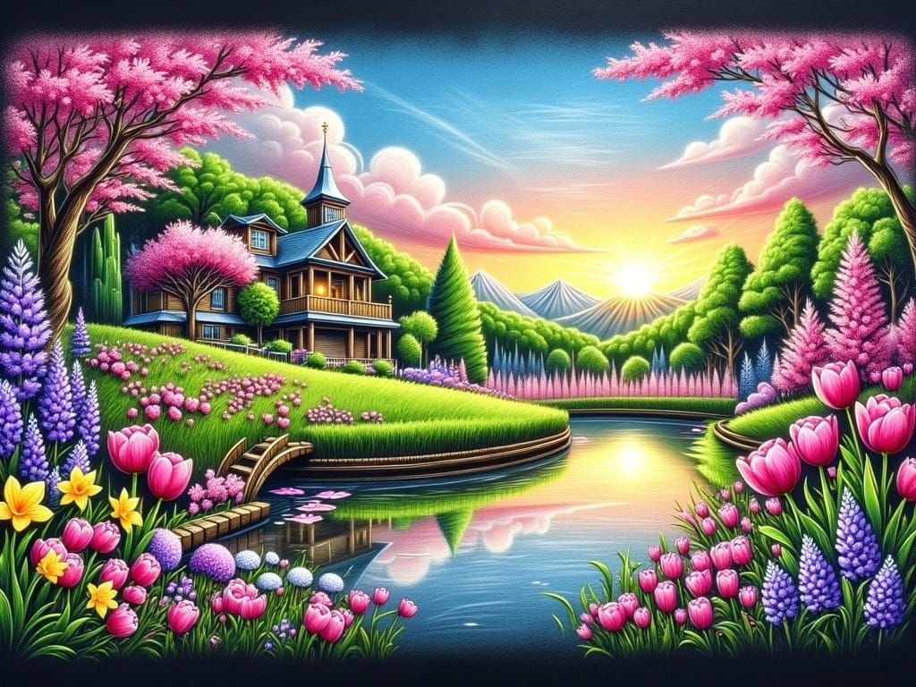 Vibrant Chalk Art of Spring Meadow on Black Paper