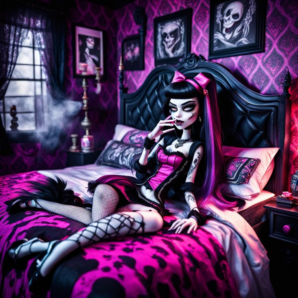 emo monster high draculaura smoking cigarettes in bed grunge bedroom (leg fail)