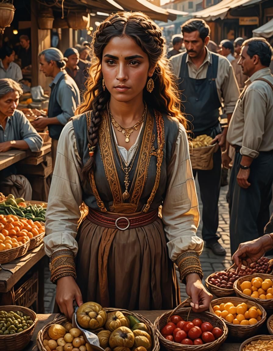 Romani Woman Portrait in Pre-Raphaelite Style