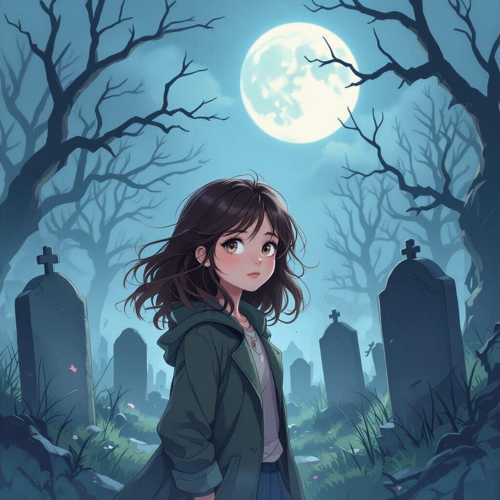 Girl in Cemetery: Webtoon Style Digital Illustration