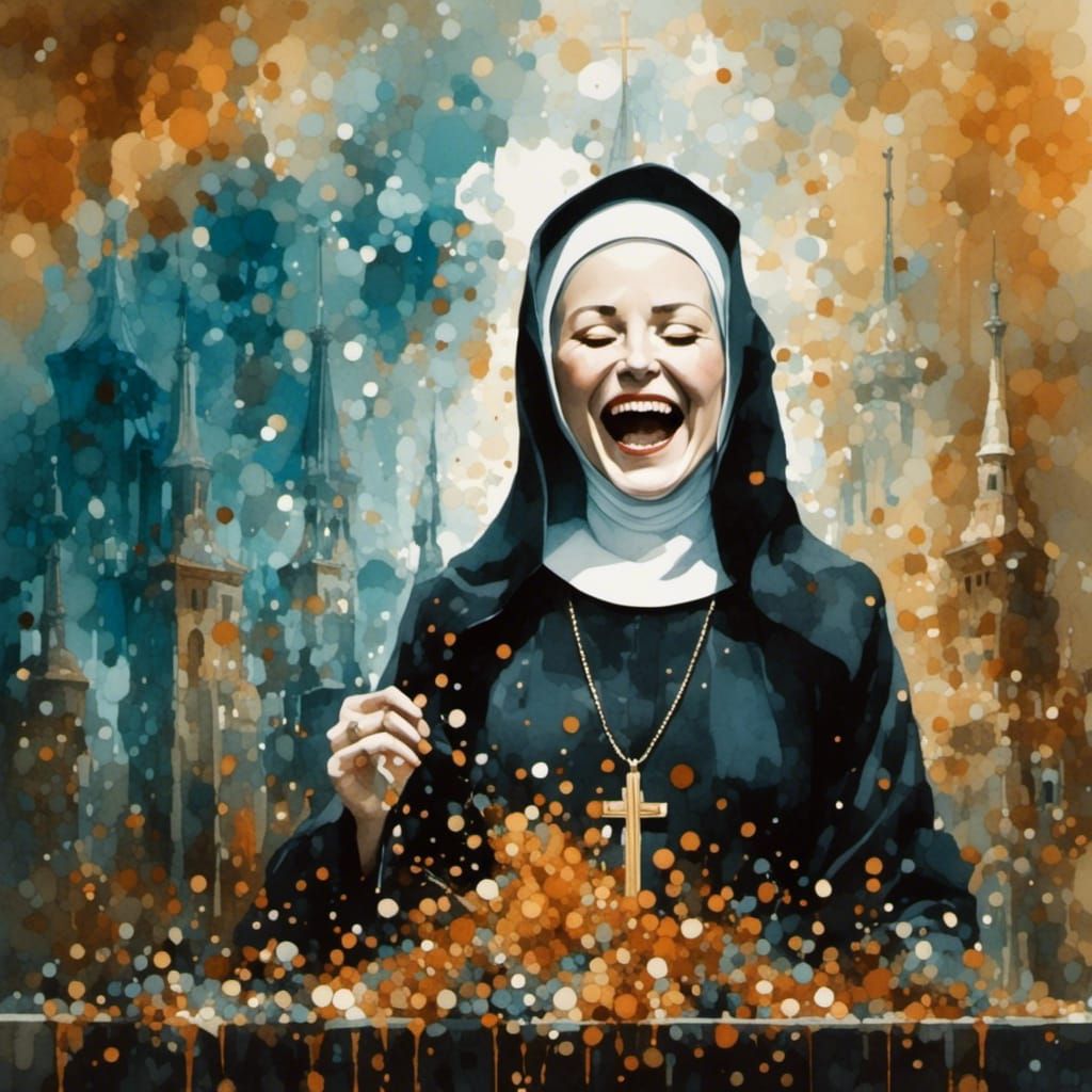 Ethereal Nun Laughing Manically in Dreamlike Watercolor