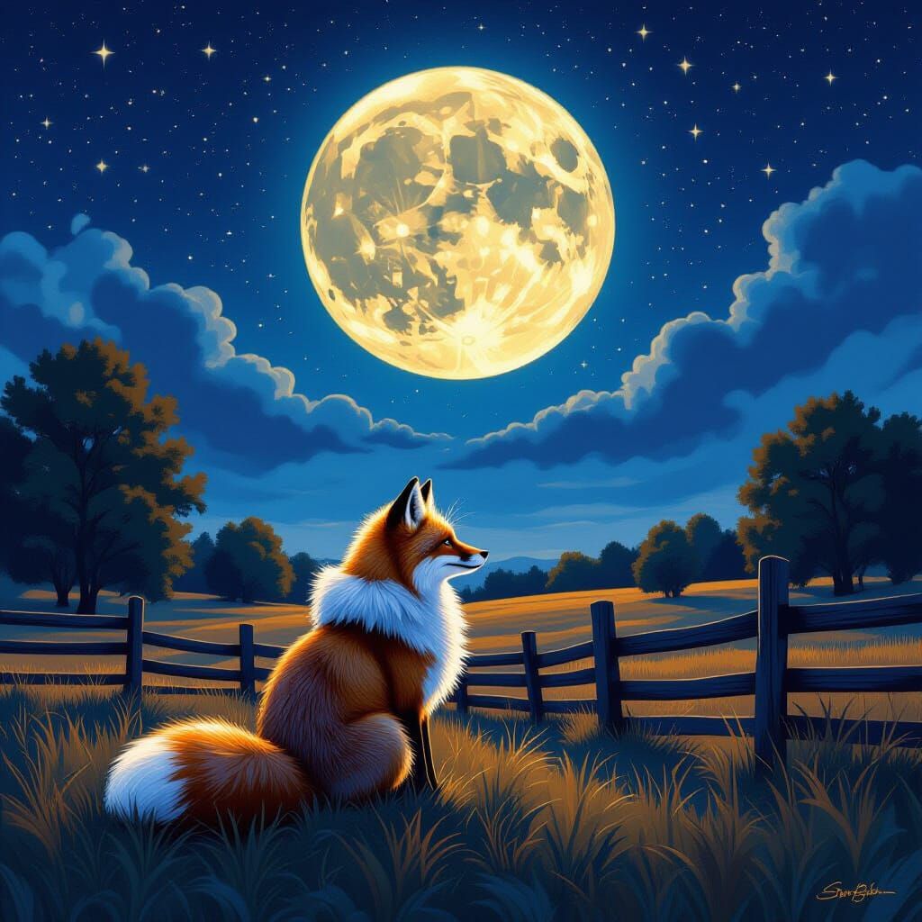 Photorealistic Fox in Starry Ranch Landscape