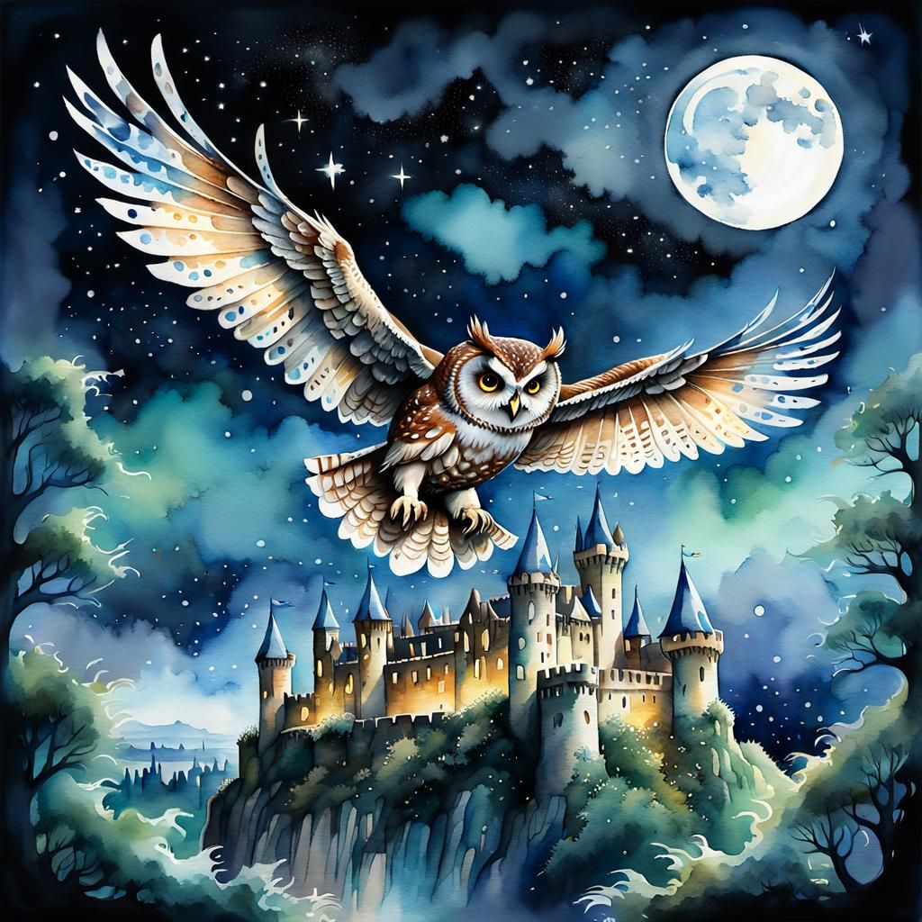 Watercolor Owl in Flight Before Castle Ruins