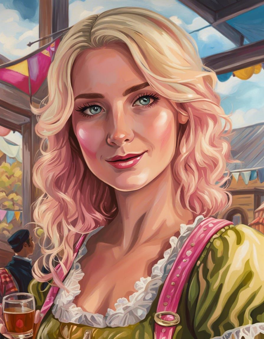 Blonde Woman Celebrates Oktoberfest in Pink Dirndl