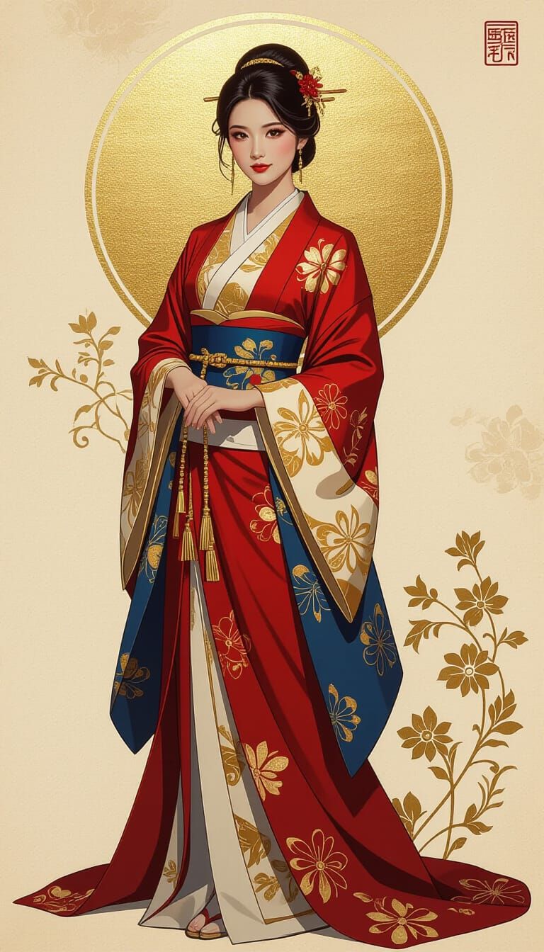 Asian Woman in Flowing Robe with Gold Leaf Effect