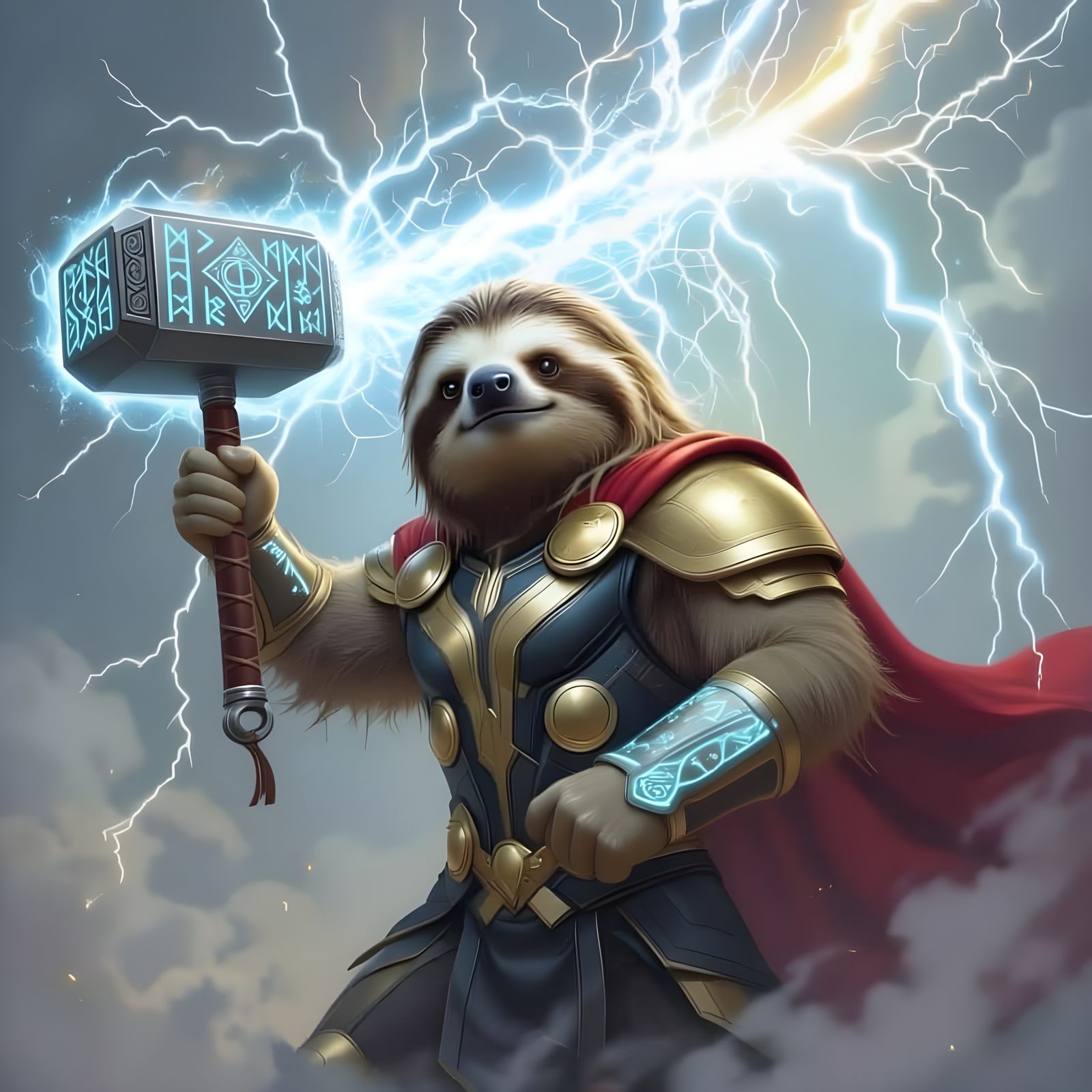 Sloth as Thor in Armor with Lightning Hammer