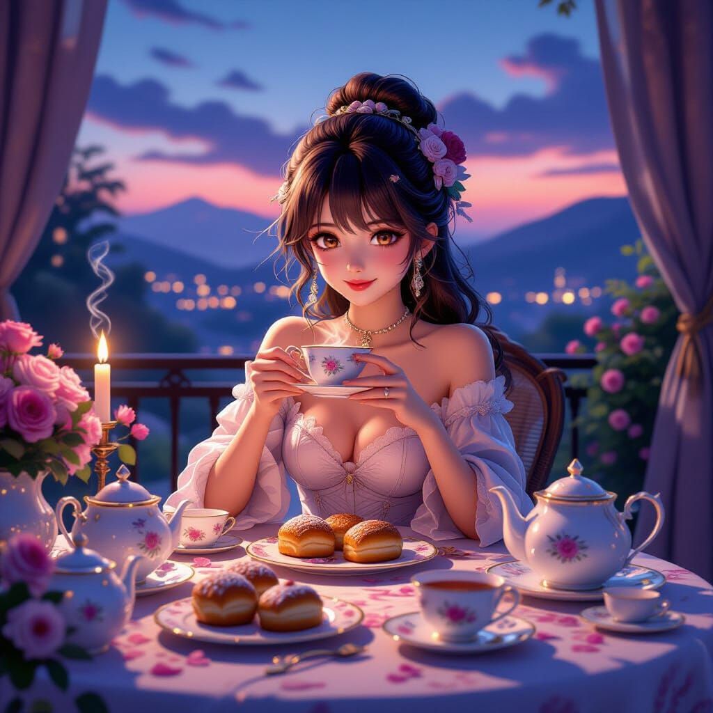 Twilight Tea Party in Detailed 3D Anime Style