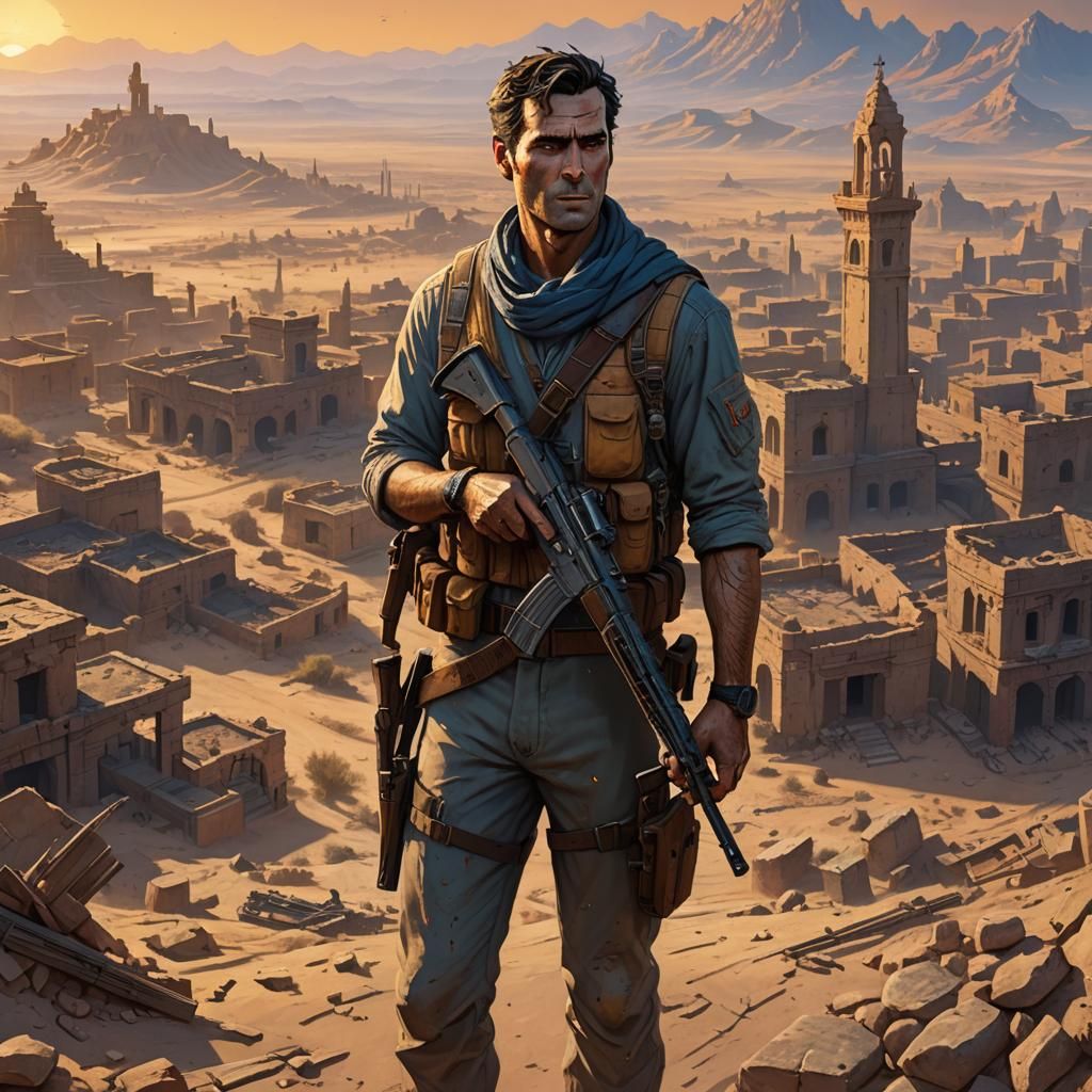 Ash Williams in Ruined Cityscape, Cinematic Concept Art