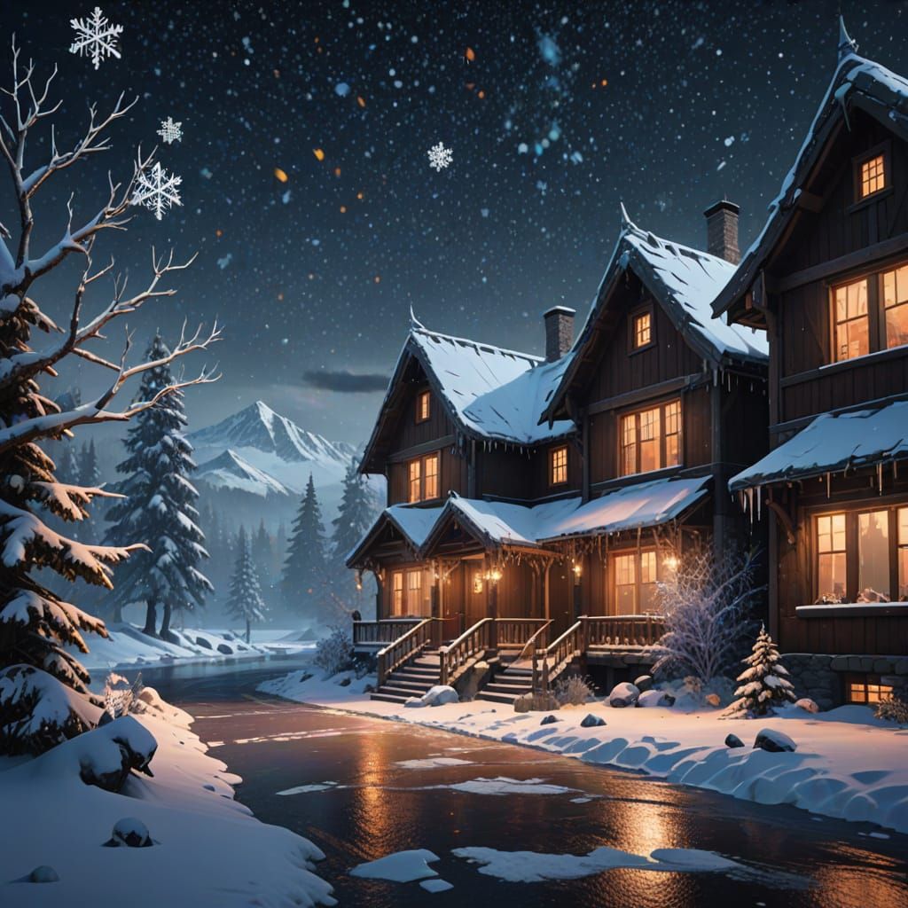 Winter's Night Driveway Clearing Scene in Vibrant Colors