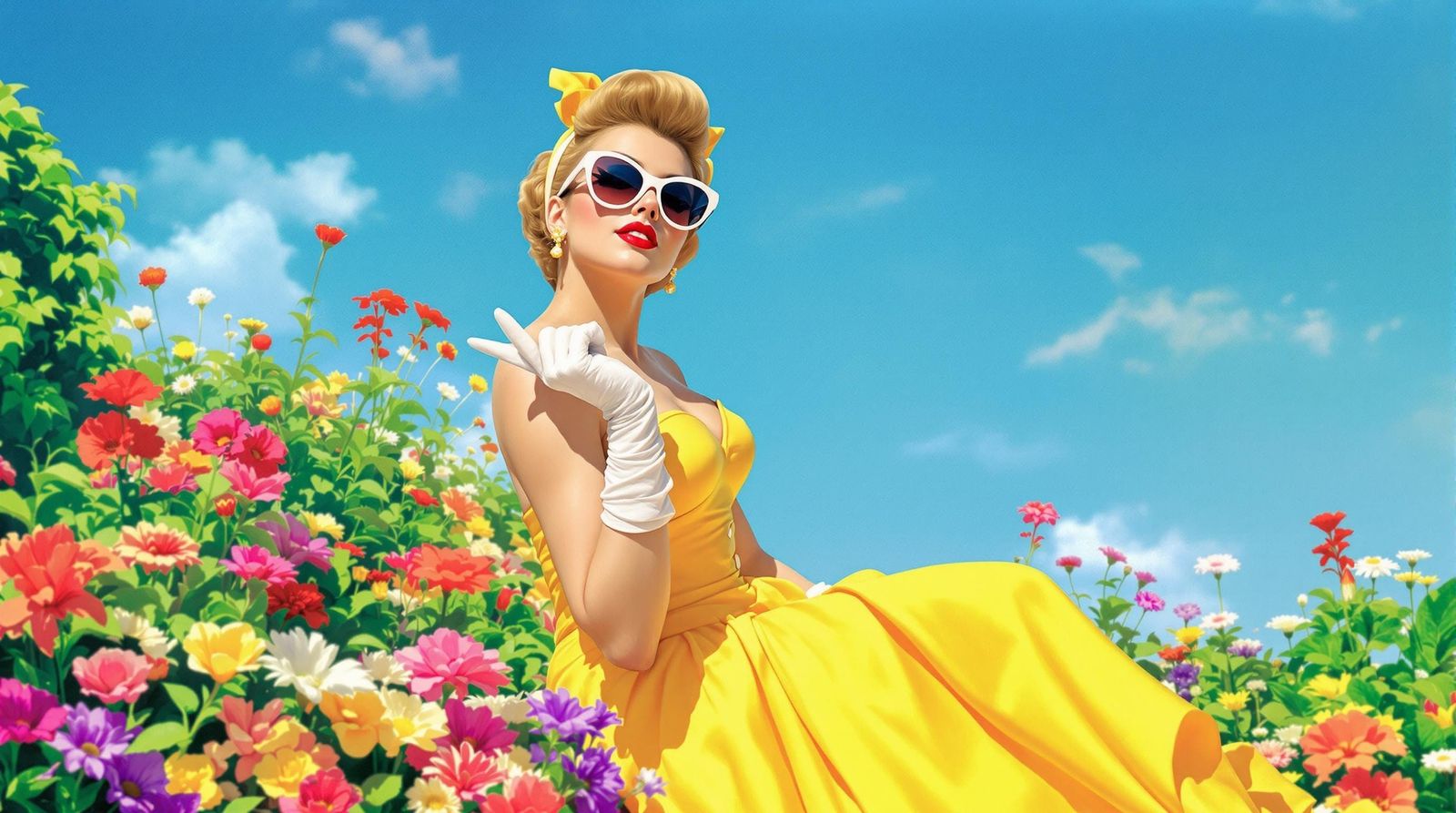 Vibrant Pin-Up Girl Showcases Exuberant Hands in a Retro Aes...