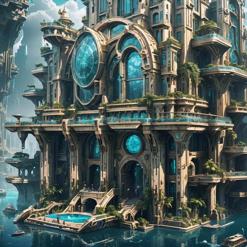 Cyberpunk Atlantis: Futuristic Floating Palace in 8K