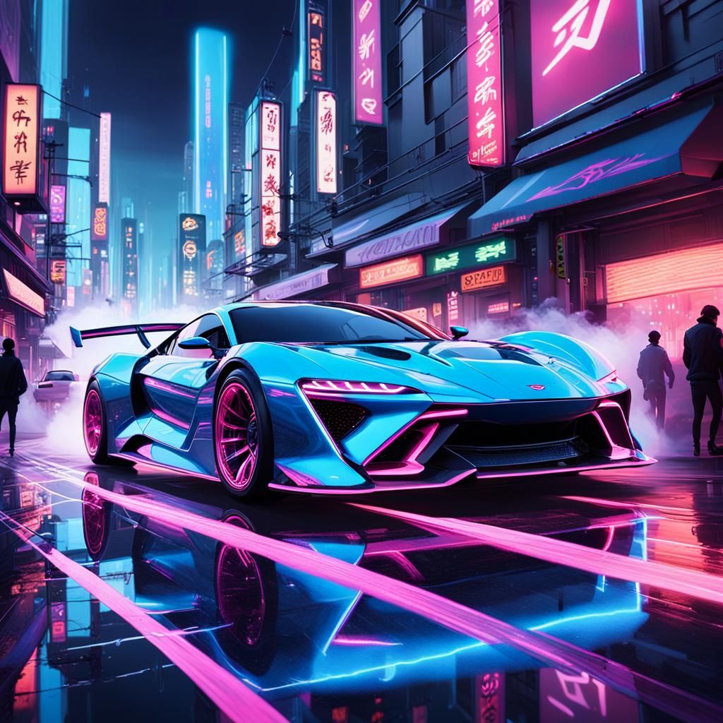 Neon Cityscape Supercar Drift in Retrofuturism Style