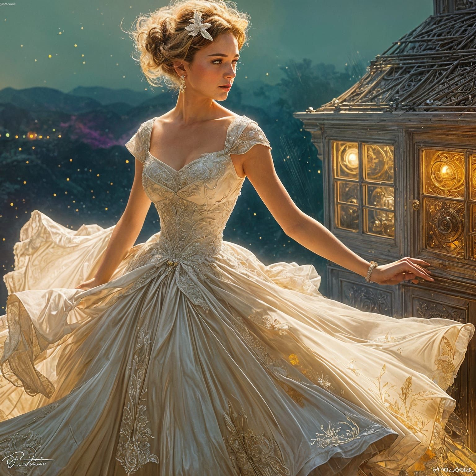 Hyperrealistic Bride in Golden Dress under Moonlit Night