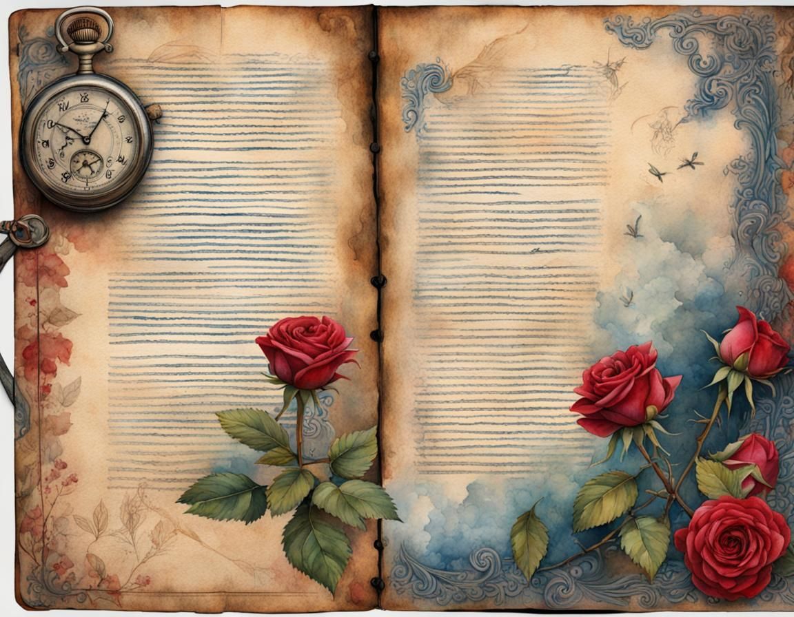 Roses, Watch, and River on Musical Journal Page
