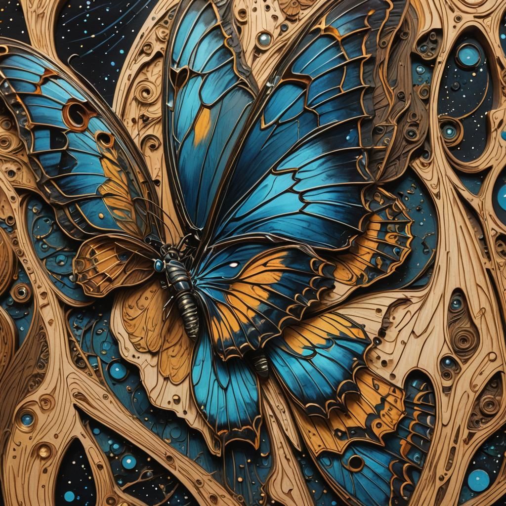 Morpho Butterfly Close-up in Woodcut Splash Art
