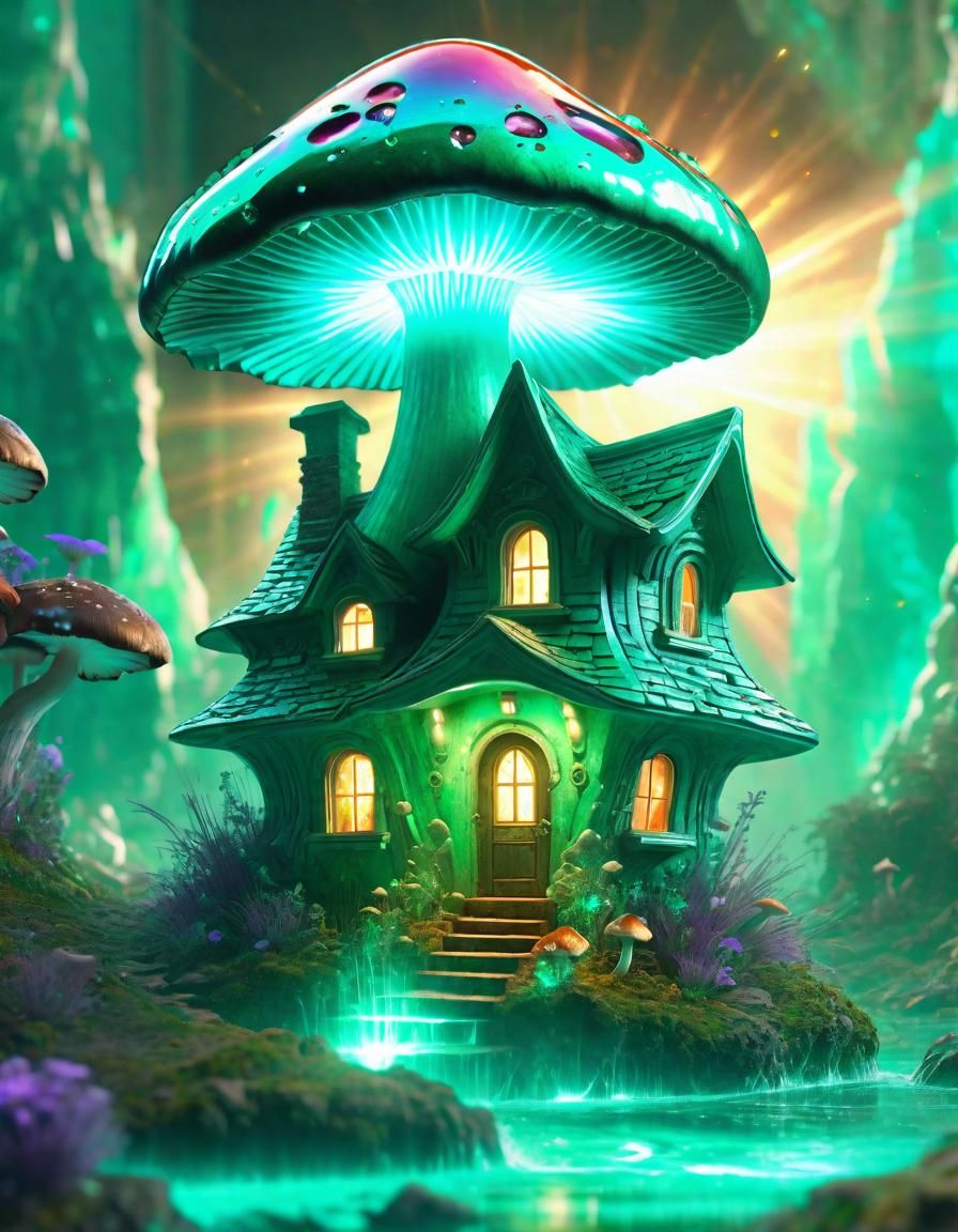 Emerald Gemstone Mushroom House with Crystalline Light