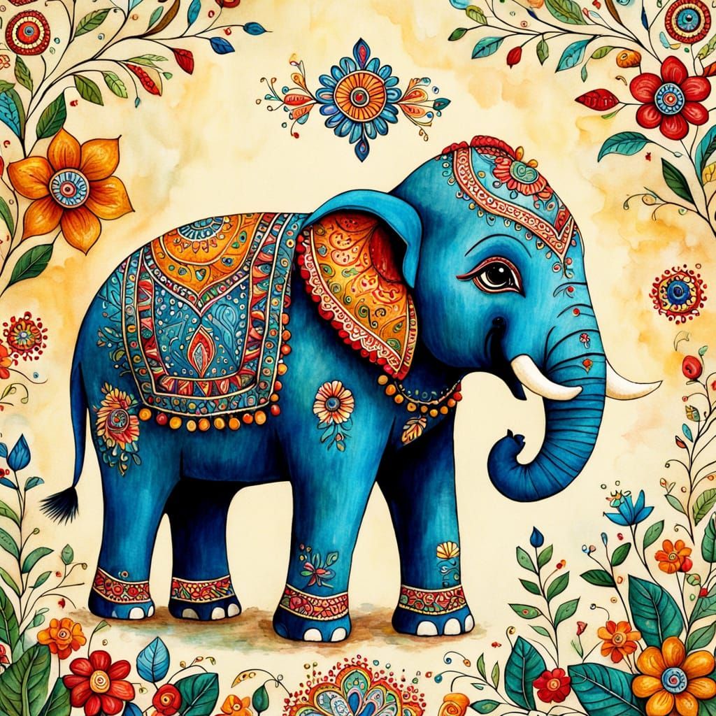 Whimsical Indian Folk Art Elephants in Warm Handcrafted Styl...