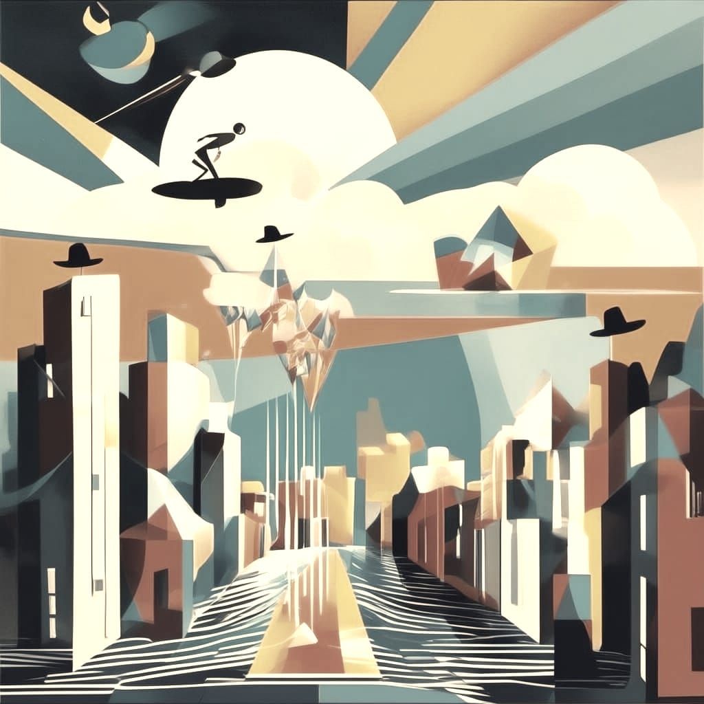 Neo-Cubist Surreal Cityscape with Floating Fedora