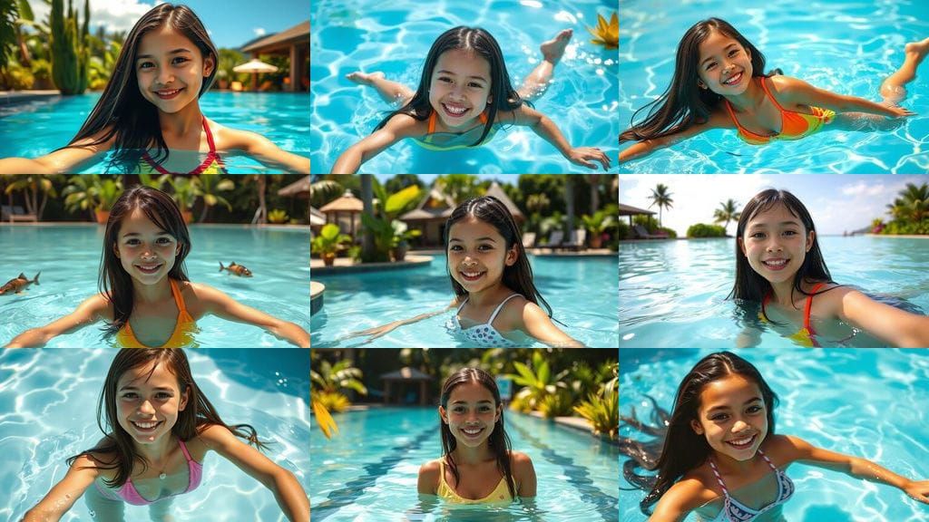 Girl Swimming in Turquoise Lagoon: Photorealistic Image