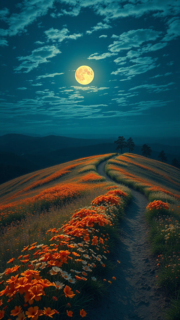 Ethereal Moonlit Landscape with Wildflowers in Impressionist...