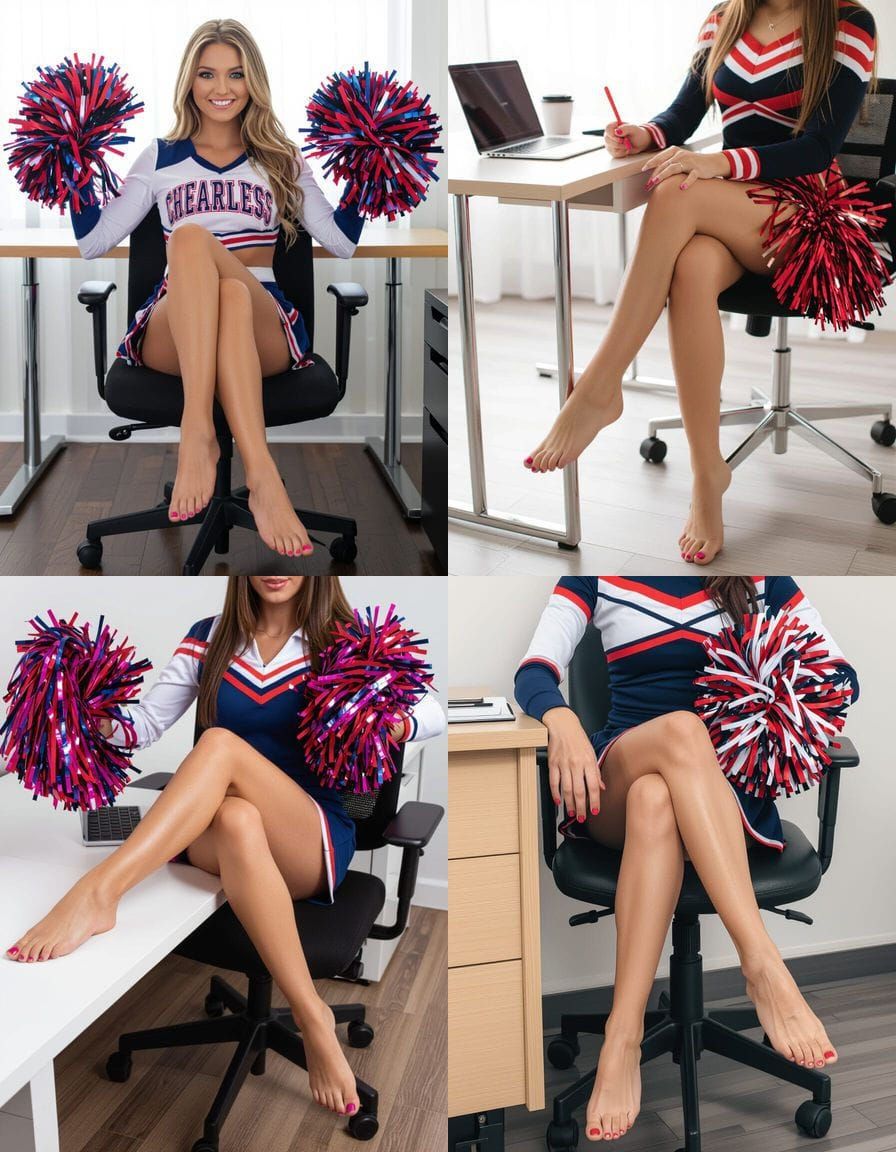 Cheerleader Sits at Desk, Legs Crossed, Bare Feet