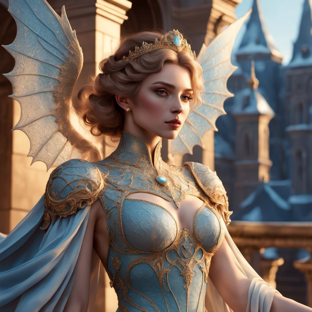 Regal Queen with Ice Dragon Wings in Art Nouveau Cityscape