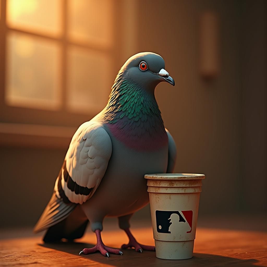 Pigeon Holding Cup in Cartoon Style
