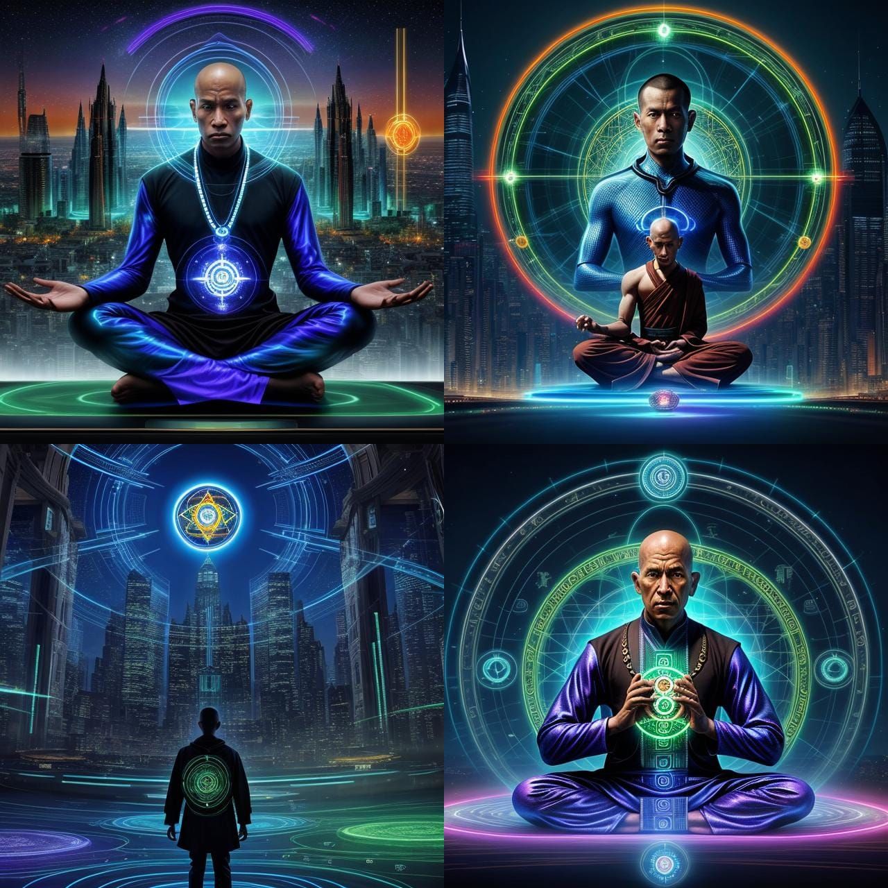 Futuristic Monk with Chakra Holograms in Cityscape